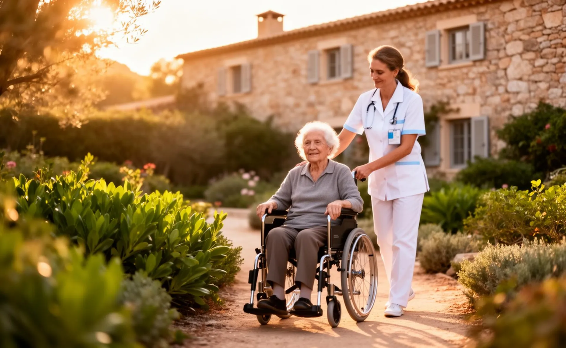 Personne âgée en fauteuil et soignant dans le jardin de Casa Serena
